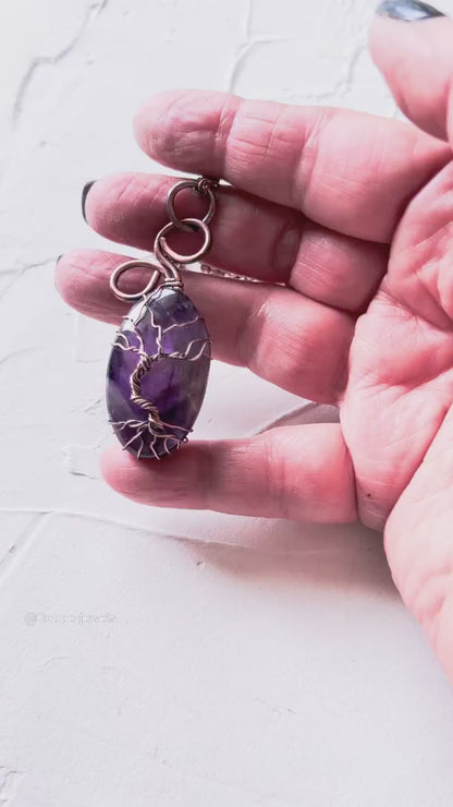 Exquisite Chevron Amethyst Tree of Life and Copper Wire pendant