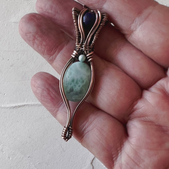 Gorgeous Larimar and Lapis Lazuli copper wire pendant with larimar accent bead