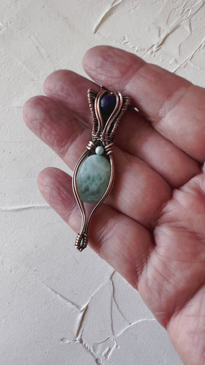 Gorgeous Larimar and Lapis Lazuli copper wire pendant with larimar accent bead